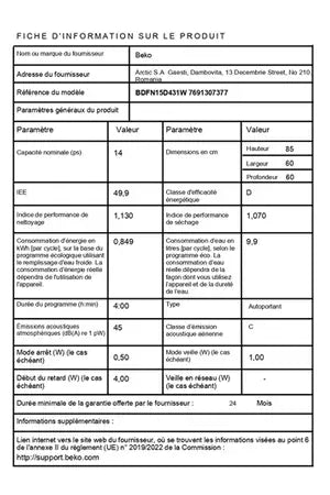Lave-vaisselle pose libre BEKO BDFN15D431W
