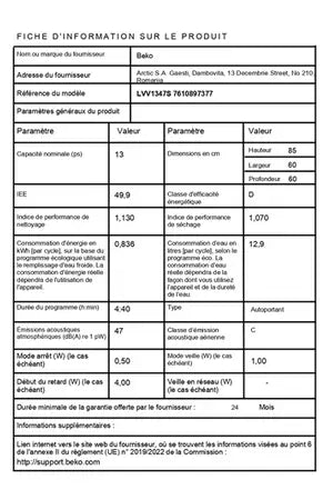 Lave-vaisselle pose libre Beko LVV1347S