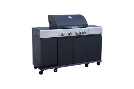 Barbecue Sweeek Barbecue gaz 4 brûleurs + 1 feu latéral MAXIM noir Acier thermomètre intégré récupérateur de graisse grille de chauffe L 1455 x P 615 x H 1435cm