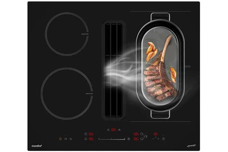 Plaque de cuisson avec hotte intégrée Comfee CIH742FY18K0 Plaque de Cuisson Induction 60cm 4 foyers + hotte intégrée 638m³/h, 2 Flex Zone, avec les éléments de conduit d'évacuation, 7400W, A++