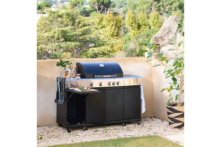 Barbecue Sweeek Barbecue gaz 4 brûleurs + 1 feu latéral MAXIM noir Acier thermomètre intégré récupérateur de graisse grille de chauffe L 1455 x P 615 x H 1435cm