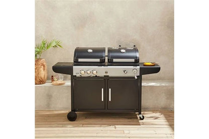 Barbecue Sweeek Barbecue 2 en 1 gaz et charbon - Marsac Noir - 3 brûleurs dont 1 feu latéral grilles en fonte thermomètres