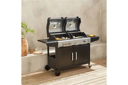 Barbecue Sweeek Barbecue 2 en 1 gaz et charbon - Marsac Noir - 3 brûleurs dont 1 feu latéral grilles en fonte thermomètres