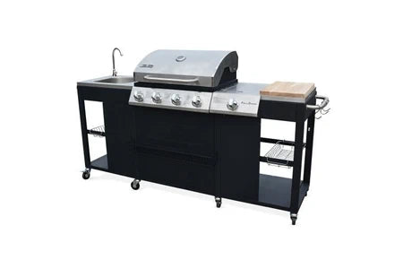 Cuisine d'extérieur Sweeek Barbecue cuisine extérieure gaz - D'Artagnan - Barbecue 5 brûleurs dont 1 feu latéral inox et noir évier planche à découper bois ustensiles