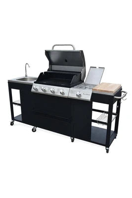 Cuisine d'extérieur Sweeek Barbecue cuisine extérieure gaz - D'Artagnan - Barbecue 5 brûleurs dont 1 feu latéral inox et noir évier planche à découper bois ustensiles