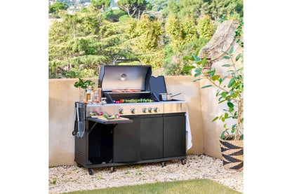 Barbecue Sweeek Barbecue gaz 4 brûleurs + 1 feu latéral MAXIM noir Acier thermomètre intégré récupérateur de graisse grille de chauffe L 1455 x P 615 x H 1435cm